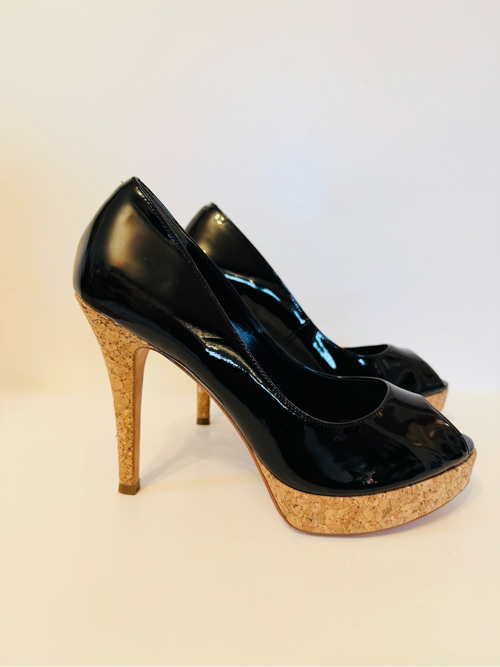Cole Haan Mariela Open Toe Black Patent Cork Platform Pumps